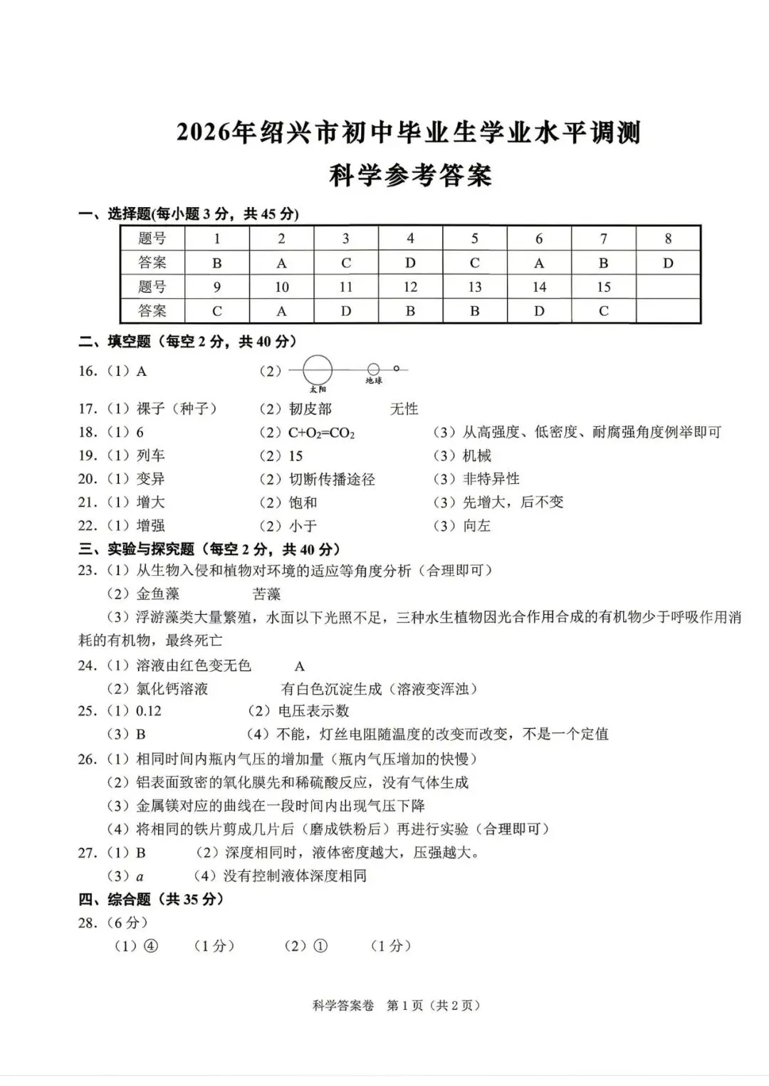 中考一模|2026年4月浙江省绍兴市中考一模「全科」试题(市统测)(全科含答案) 第21张