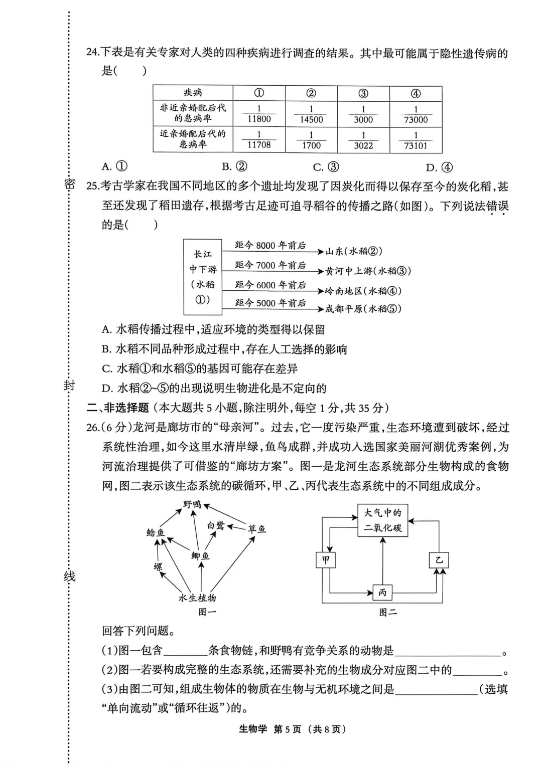 2026年廊坊市广阳区八年级中考一生物试卷 第5张