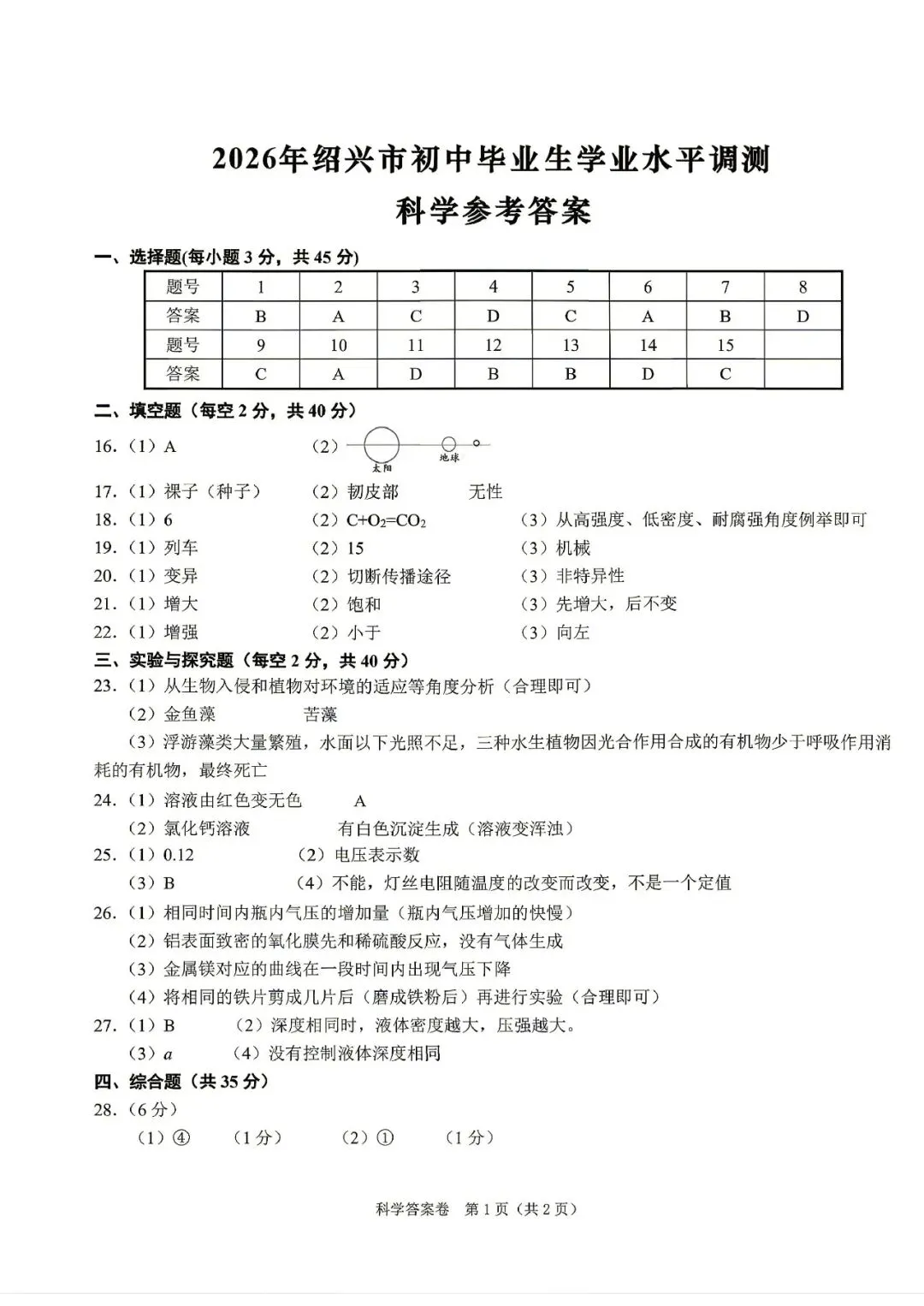 绍兴中考一模 | 2026年4月绍兴中考一模试题「全科」试题 第12张 绍兴中考一模 | 2026年4月绍兴中考一模试题「全科」试题 第12张