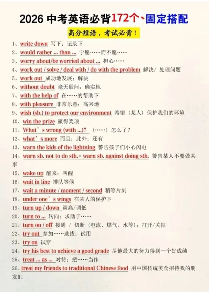 中考英语必背172个搭配 第1张 中考英语必背172个搭配 第1张