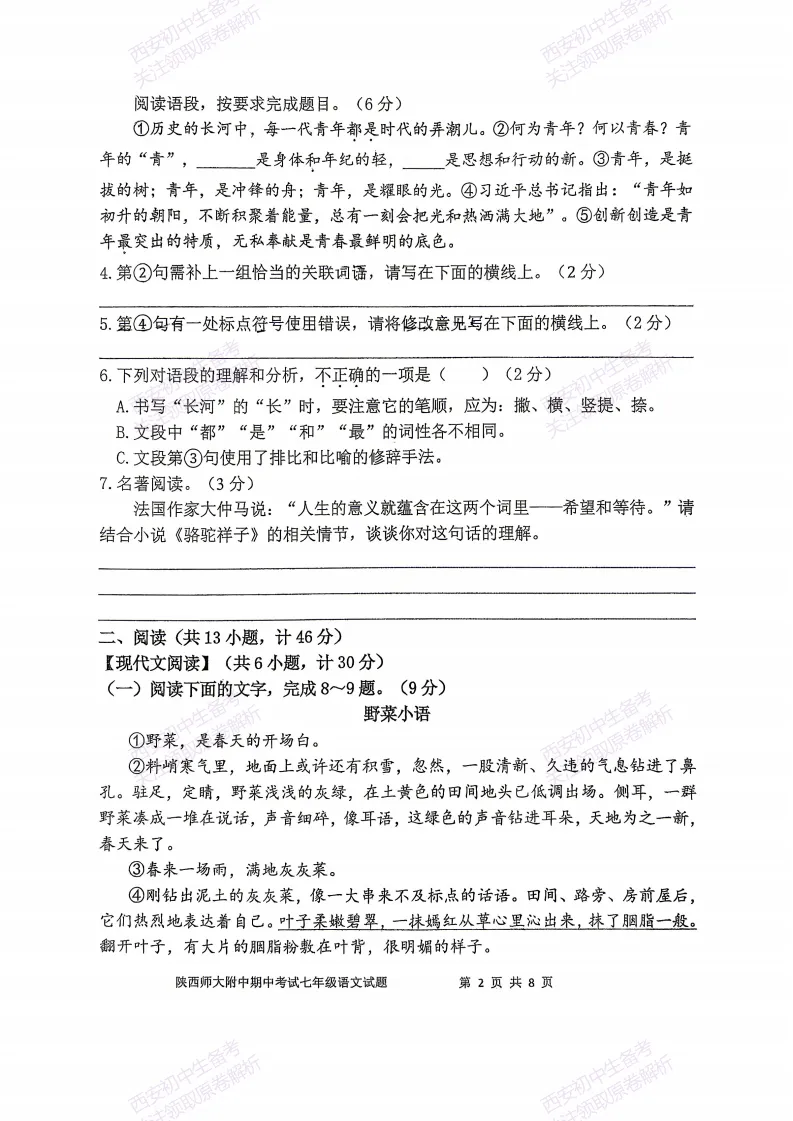 名校期中考!西安期中:【2026陕西师大附中】七下期中考试,语文试题,免费下载! 第8张