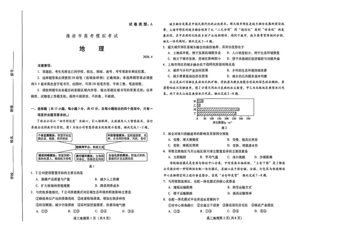 【潍坊二模】潍坊市2026届高三第二次模拟考试-地理 第2张 【潍坊二模】潍坊市2026届高三第二次模拟考试-地理 第2张