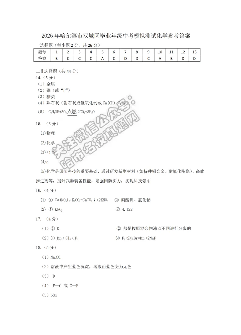 2026双城区九年级下化学一模 试卷+答案 第6张