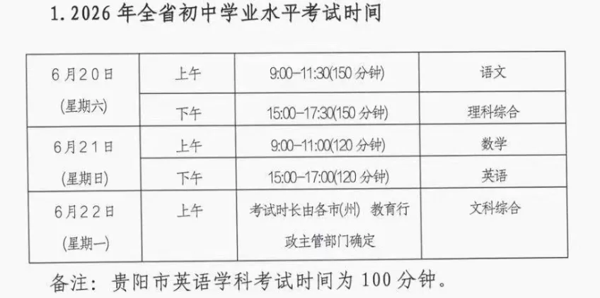 初三家长注意!2026年贵阳中考时间已发! 第9张 初三家长注意!2026年贵阳中考时间已发! 第9张