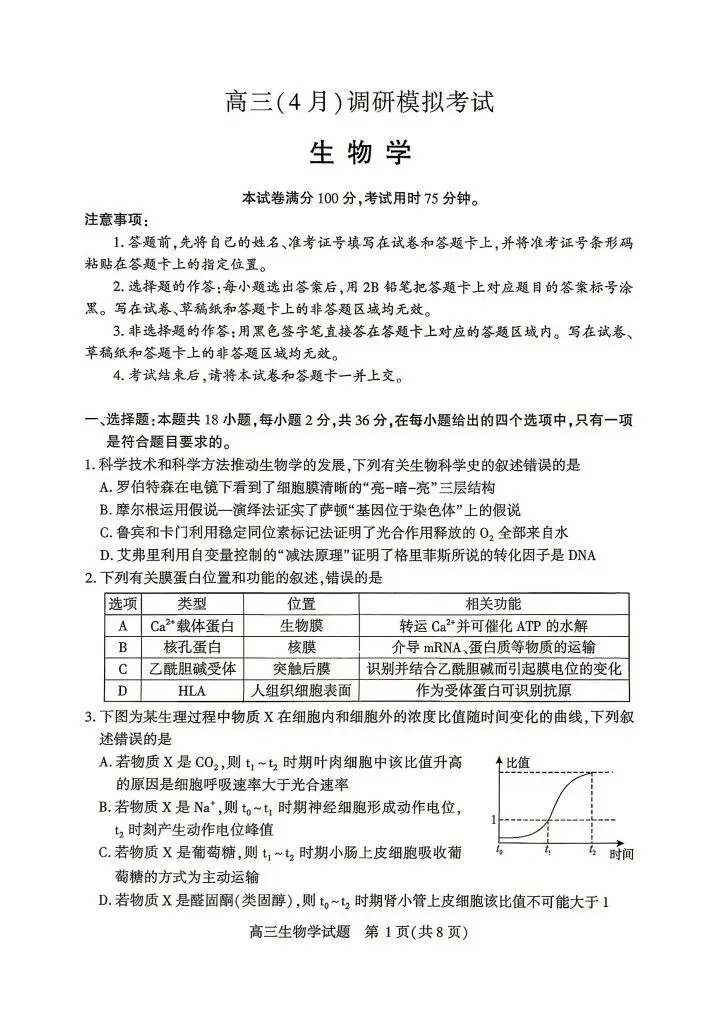 湖北省2026届高三年级四月调研模拟考试生物试卷及答案 第1张