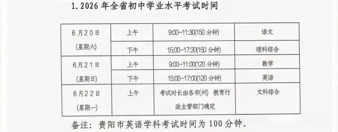 6月20开考!贵州省2026年中考时间已敲定! 第3张 6月20开考!贵州省2026年中考时间已敲定! 第3张