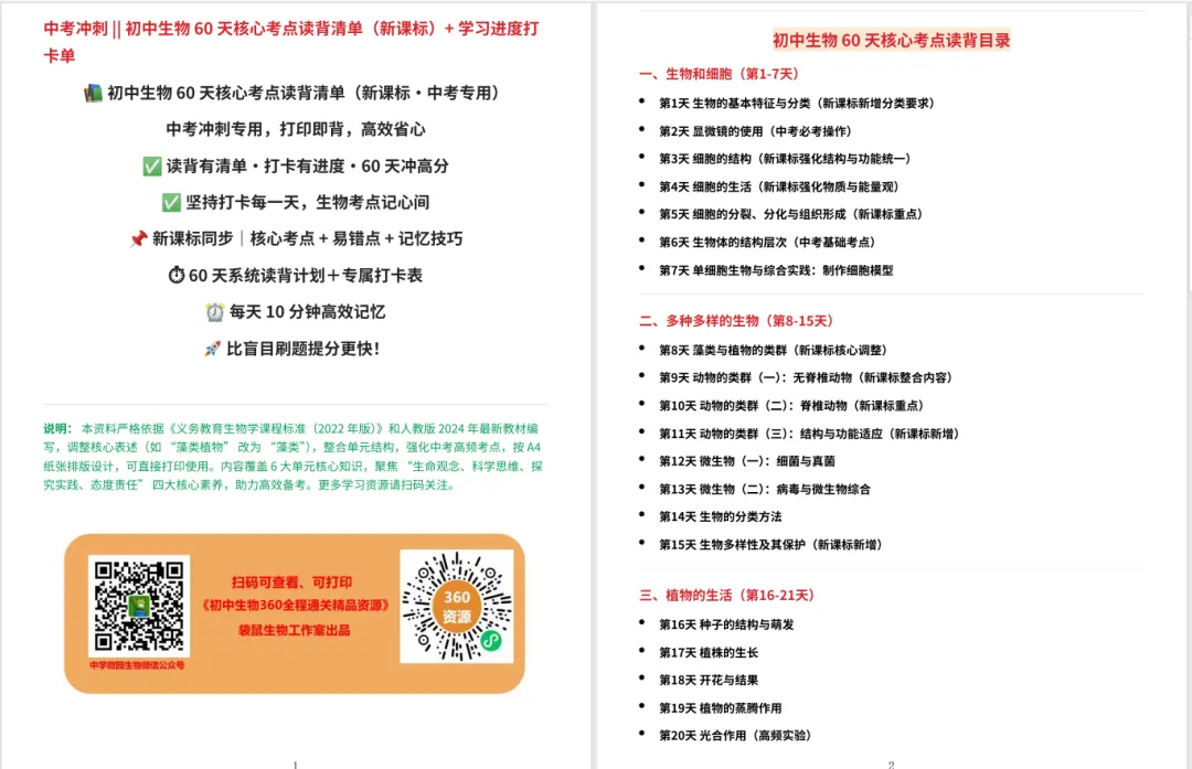 60 天吃透生物!中考核心考点读背清单 + 每日打卡,轻松逆袭提分 第4张