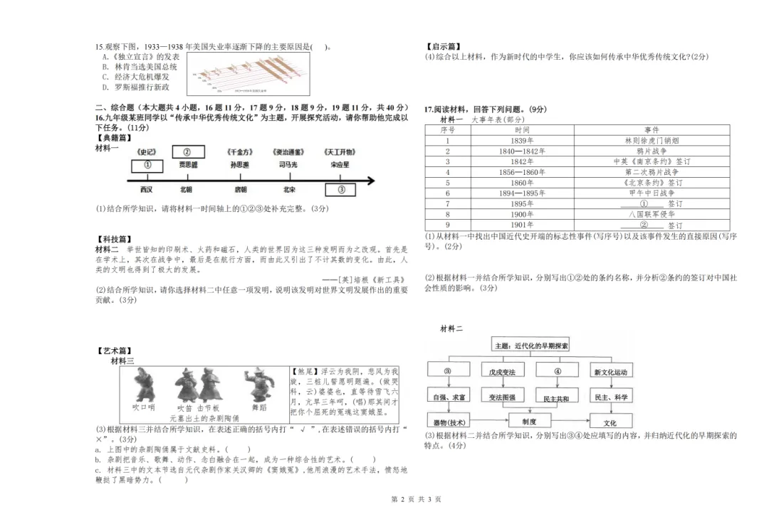 2026虹桥中学九年级下历史一模 试卷+答案 第3张