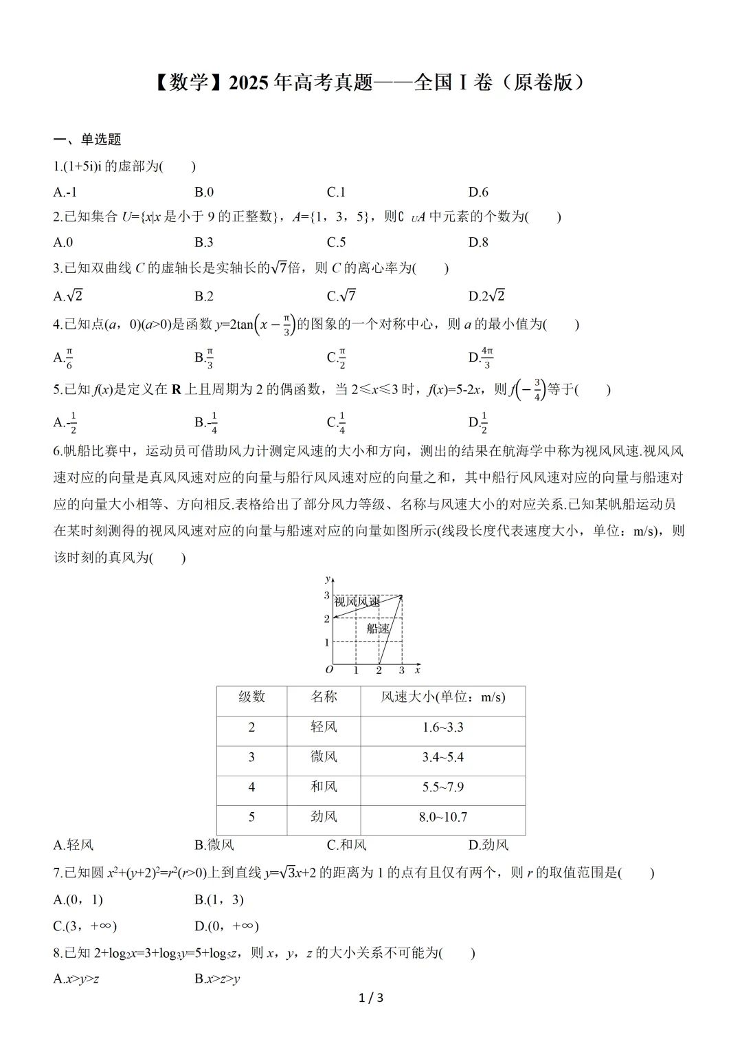 【数学】2025年高考真题——全国Ⅰ卷(原卷版) 第2张 【数学】2025年高考真题——全国Ⅰ卷(原卷版) 第2张