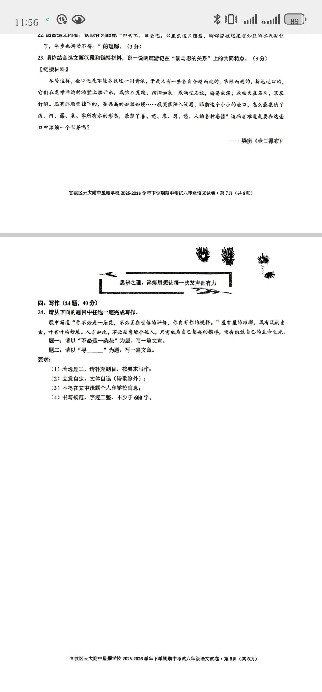 2026年云附星耀八年级语文下期中考试试卷 第8张