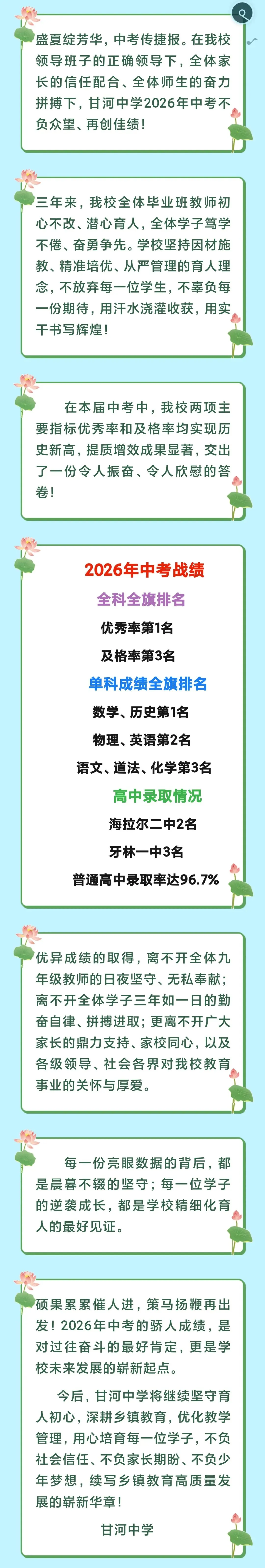 【中考喜报】逐梦盛夏,硕果飘香——甘河中学2026年中考再创佳绩-第1张图片-四季读书网