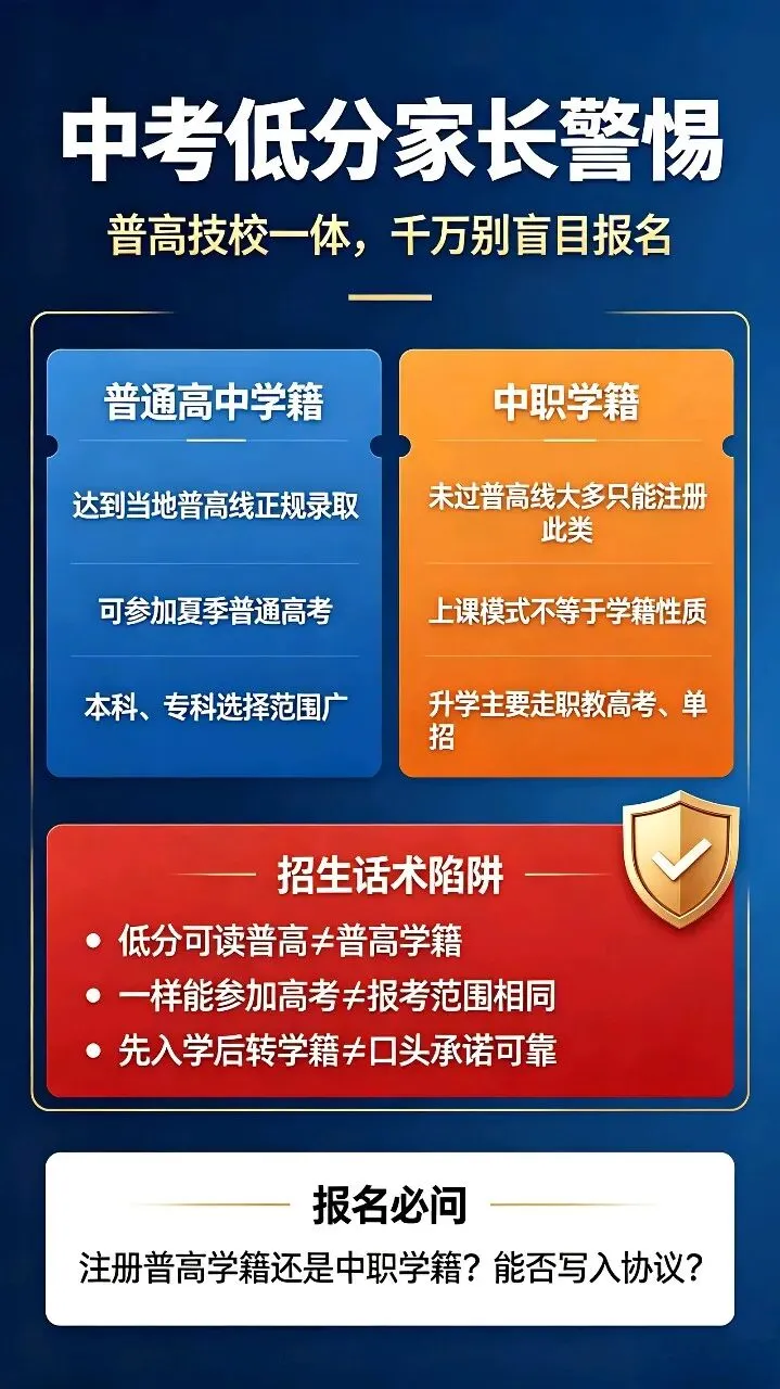 中考低分家长警惕!“普高技校一体”,重点看清学籍-第3张图片-四季读书网