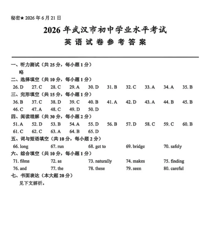 重磅更新!2026武汉中考语数英物化真题出炉!-第7张图片-四季读书网