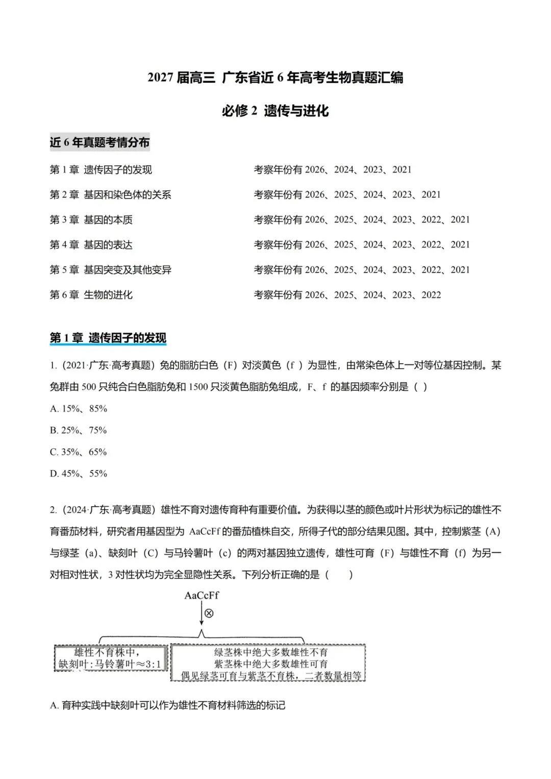 广东省近6年高考生物真题汇编-必修2遗传与进化(含题目和解析)-第1张图片-四季读书网 广东省近6年高考生物真题汇编-必修2遗传与进化(含题目和解析)-第1张图片-四季读书网
