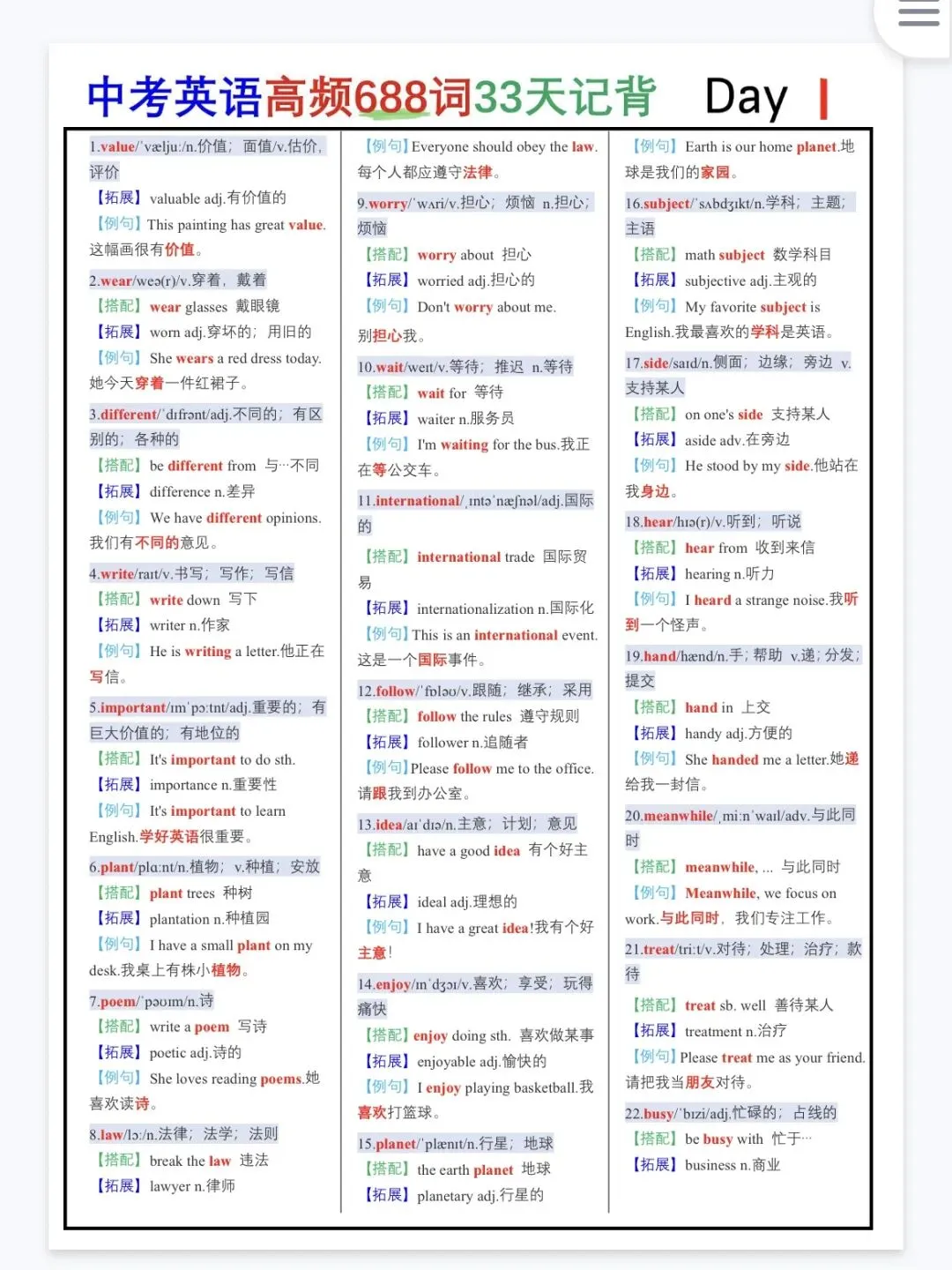 英语提分关键!中考688高频词汇背默资料抓紧收好-第1张图片-四季读书网 英语提分关键!中考688高频词汇背默资料抓紧收好-第1张图片-四季读书网