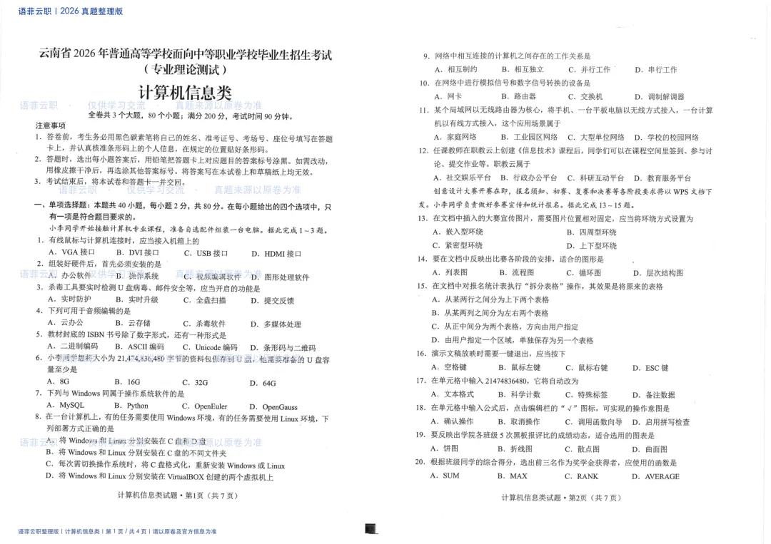 老师还在到处找真题?2026 云南职教高考计算机信息类试题已整理-第2张图片-四季读书网