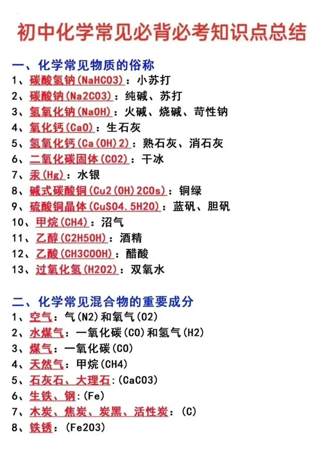 【初中化学资料】备战中考:初中化学必背高频考点速记-第1张图片-四季读书网