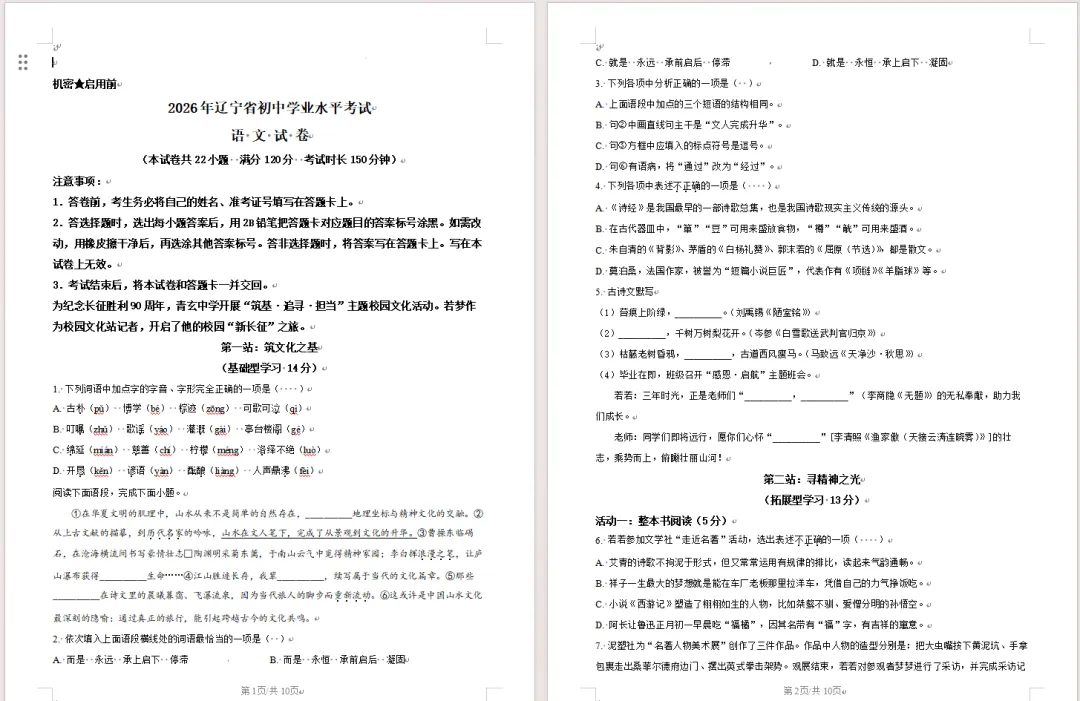 2026年辽宁省中考真题——语文、数学、化学、地理、物理(新)试卷及解析-第12张图片-四季读书网