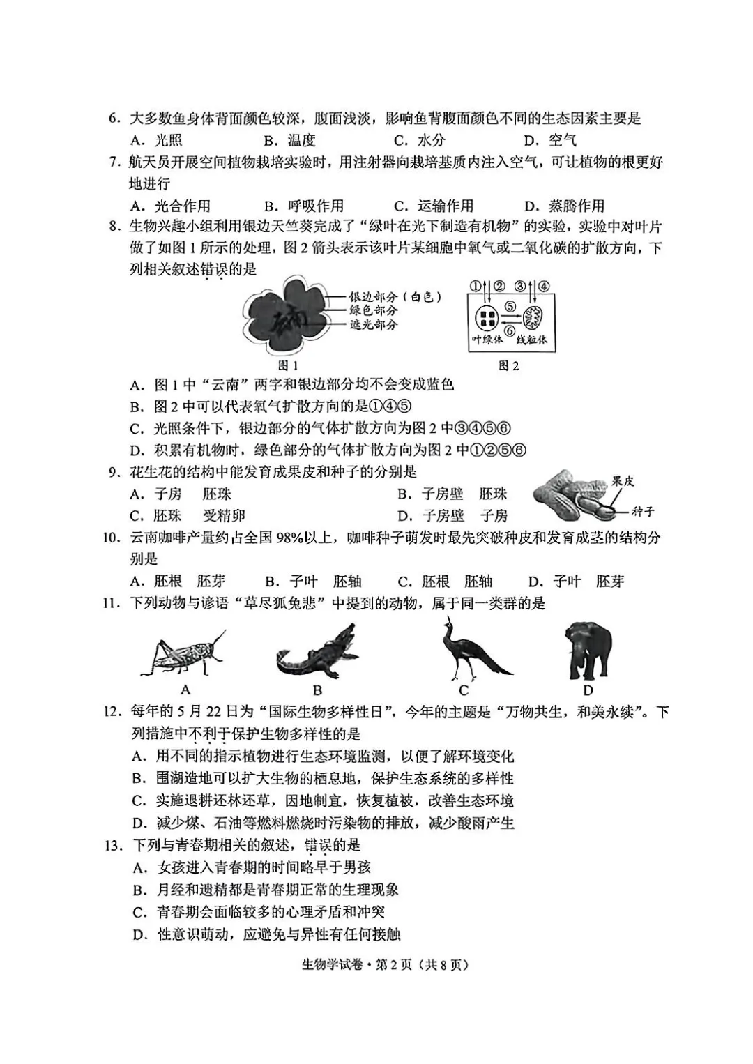2025云南中考生物真题与答案-第2张图片-四季读书网
