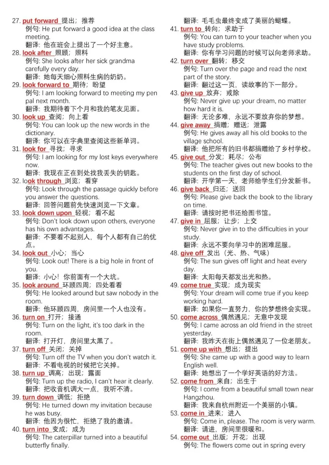 中考英语700个核心动词短语 例句总结-第2张图片-四季读书网
