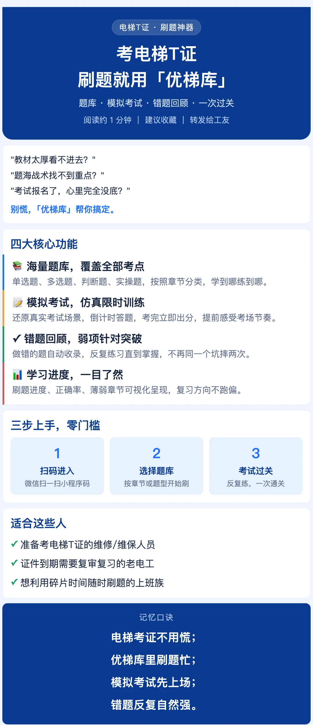 优梯库小程序正式上线!专为电梯T证考试打造,涵盖海量题库、、错题回顾和学习进度可视化四大功能!-第1张图片-四季读书网