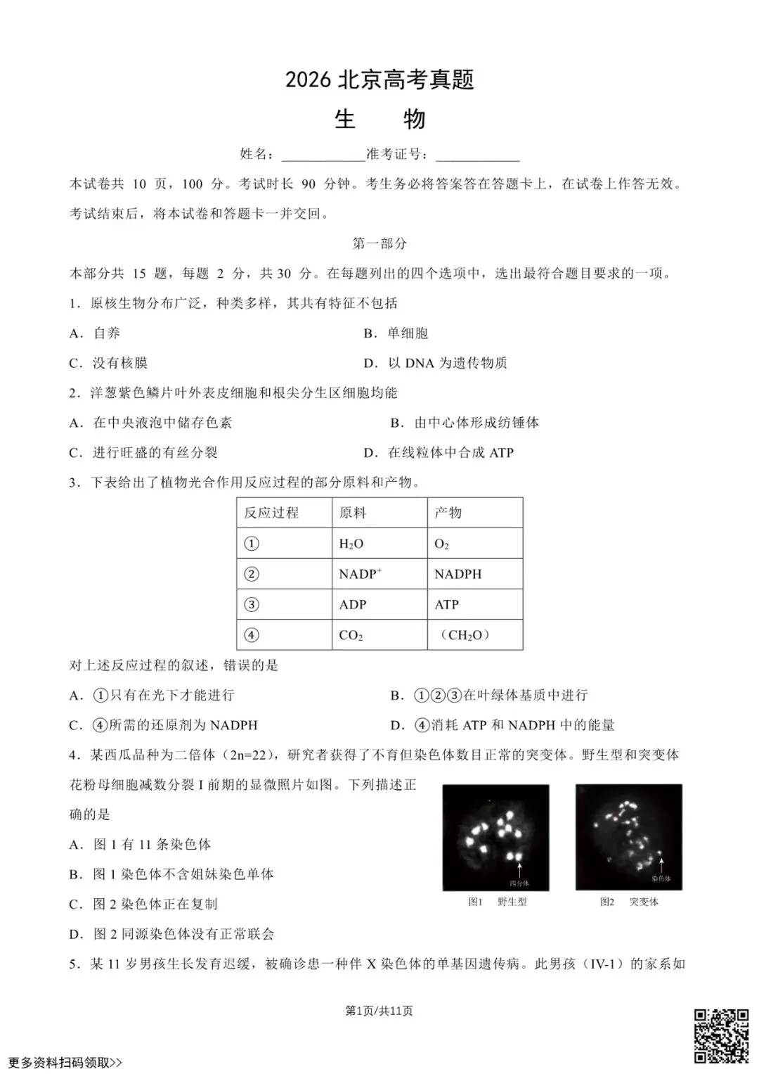 2026北京高考真题生物试卷(含答案)-第1张图片-四季读书网 2026北京高考真题生物试卷(含答案)-第1张图片-四季读书网