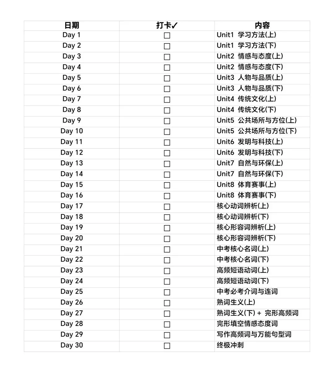 新版人教版九年级上册英语中考高频词汇30天打卡(2)-第1张图片-四季读书网 新版人教版九年级上册英语中考高频词汇30天打卡(2)-第1张图片-四季读书网