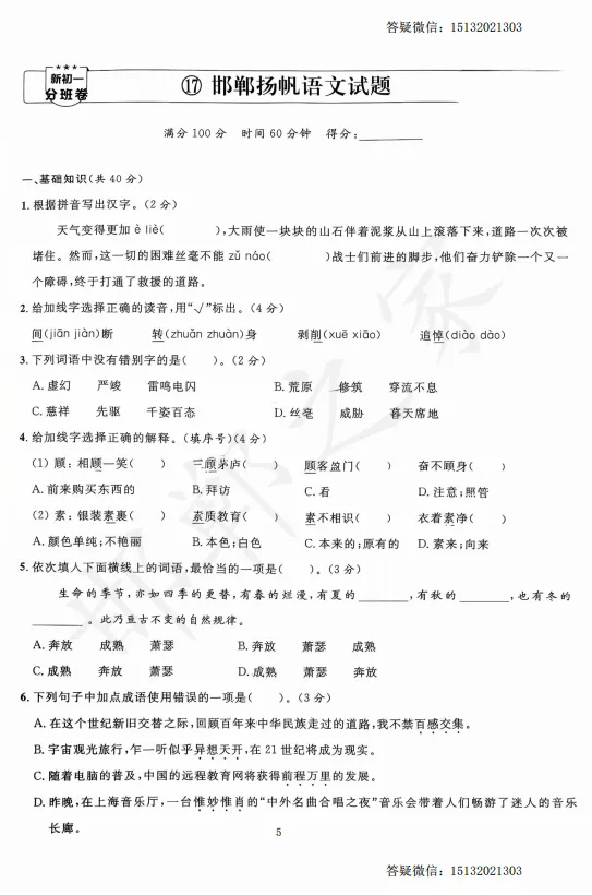 邯郸六升七扬帆新初一入学分班考语文试卷含答案-第2张图片-四季读书网