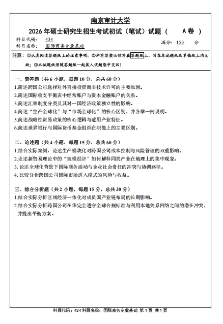 【26国商真题】南京审计大学26国际商务最新专业课真题分享!-第1张图片-四季读书网