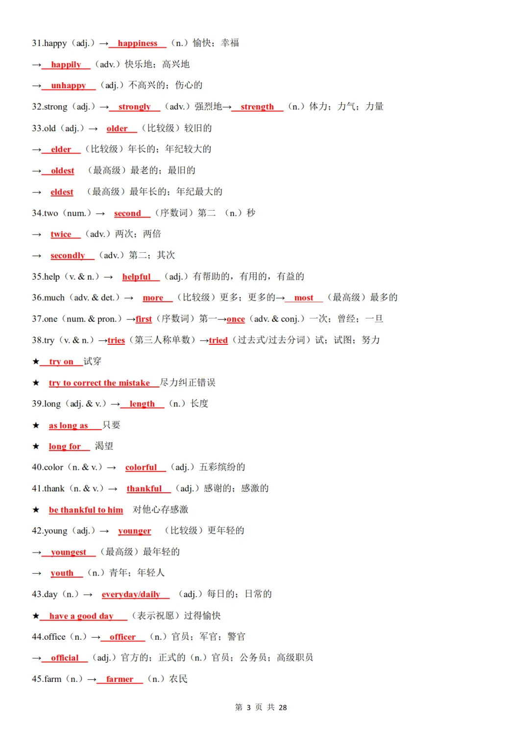 中考英语高频词汇词性转换,含背诵+默写-第3张图片-四季读书网