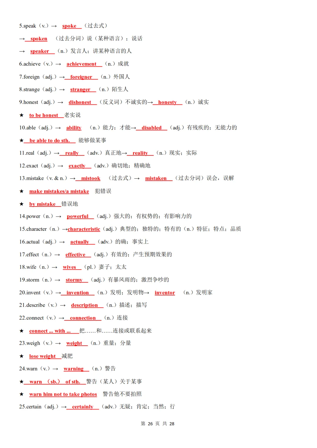 中考英语高频词汇词性转换,含背诵+默写-第26张图片-四季读书网