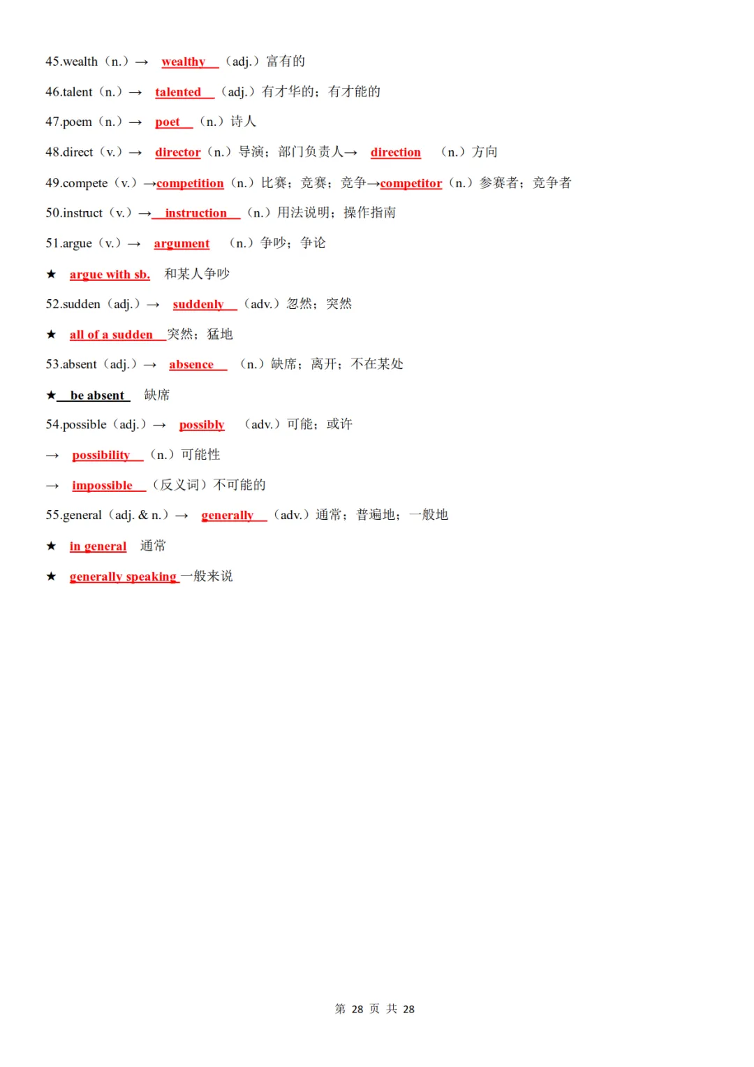 中考英语高频词汇词性转换,含背诵+默写-第28张图片-四季读书网