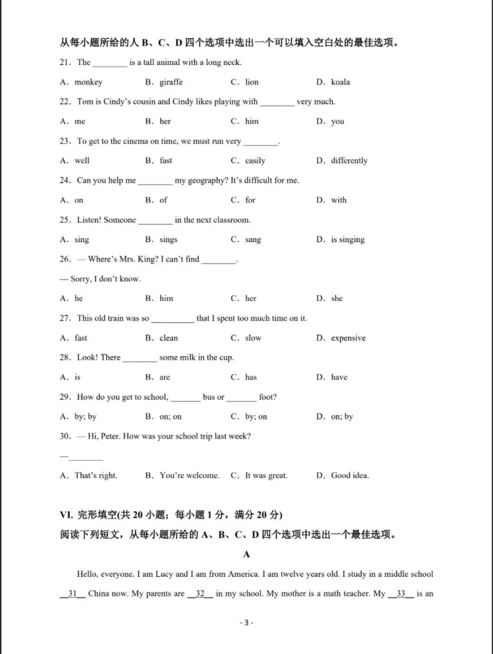 2026年秋季七年级入学分班考试英语模拟卷03(原卷版)(全国通用)共18套,电子版可打印-第4张图片-四季读书网
