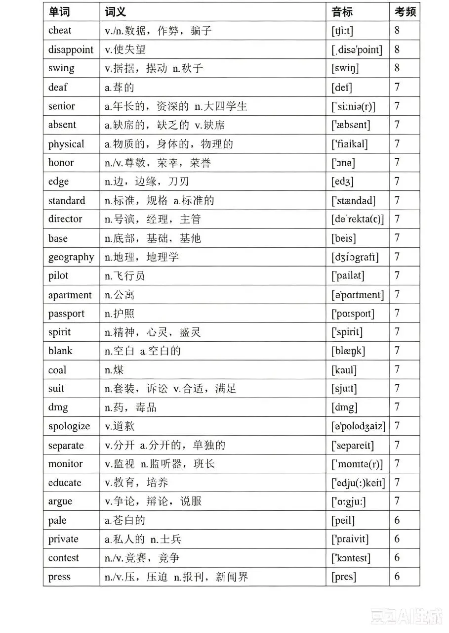 中考英语高频词(音标、考频版)-第21张图片-四季读书网