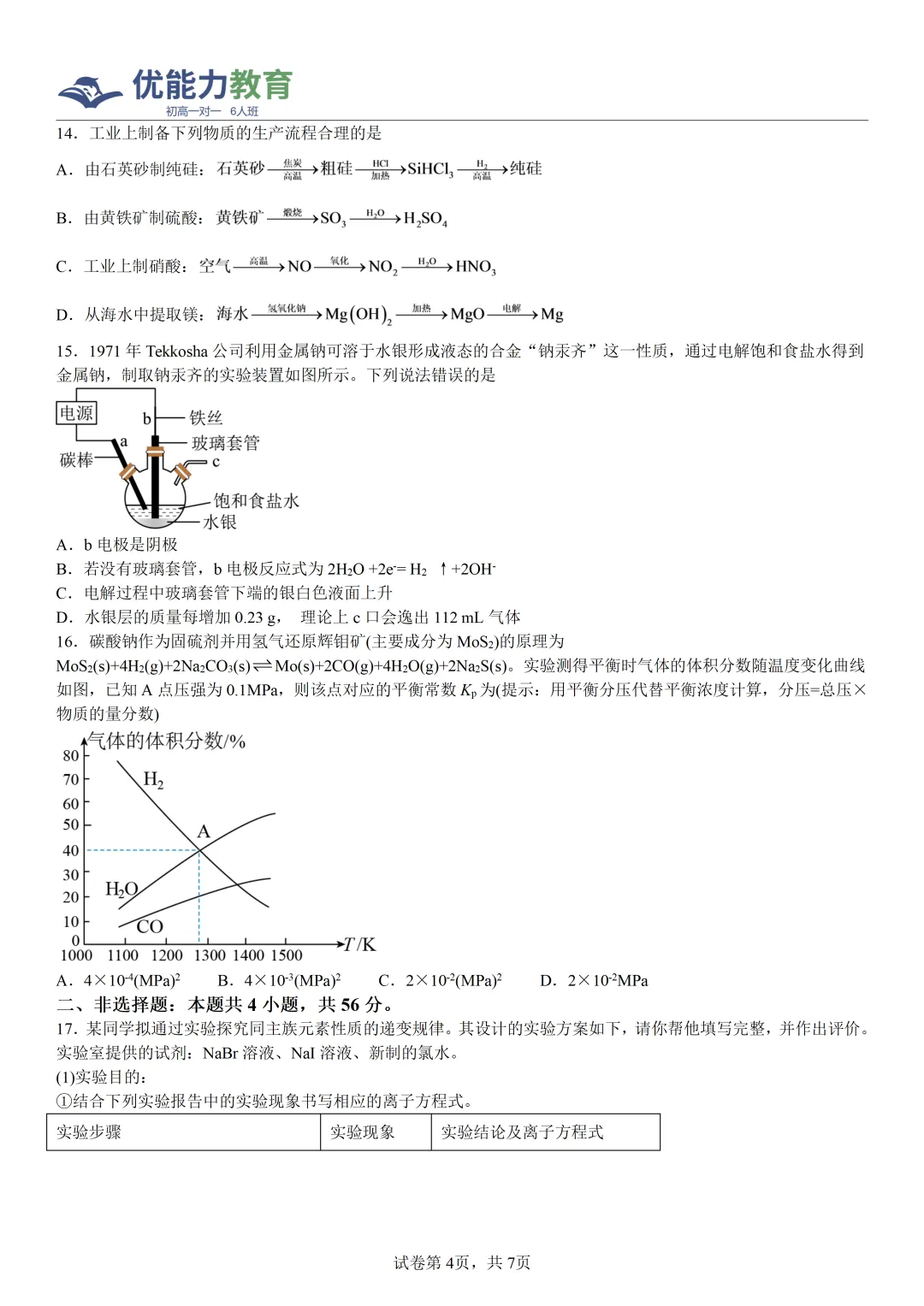 深圳科学高中高二上开学考化学试卷和答案-第4张图片-四季读书网 深圳科学高中高二上开学考化学试卷和答案-第4张图片-四季读书网