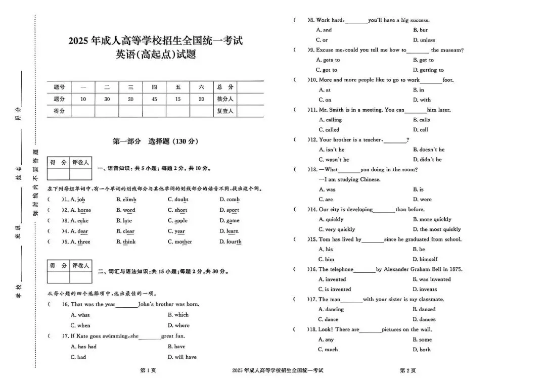 2025年成人高考高起专真题试卷及答案解析!-第7张图片-四季读书网