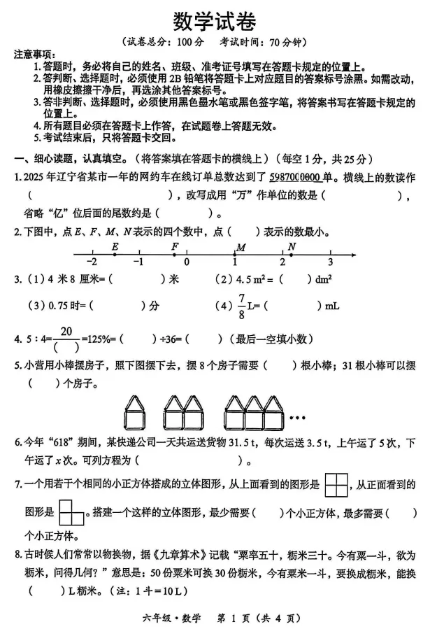 26.7营口鲅鱼圈六下数学期末试卷!-第5张图片-四季读书网