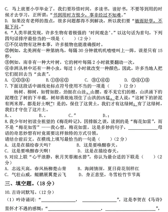 【郑州七中】新初一入学测试(语数英)试卷及参考答案2025-2026学年-第5张图片-四季读书网