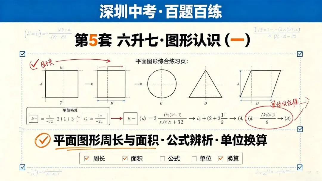 深圳中考·百题百练 · 第5套 六升七 · 图形认识(一)平面图形周长与面积 · 公式辨析 · 单位换算-第1张图片-四季读书网 深圳中考·百题百练 · 第5套 六升七 · 图形认识(一)平面图形周长与面积 · 公式辨析 · 单位换算-第1张图片-四季读书网