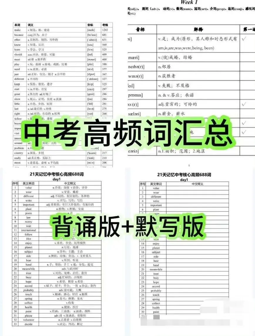 中考英语词汇背诵资料合集 21天记忆核心高频单词-第1张图片-四季读书网 中考英语词汇背诵资料合集 21天记忆核心高频单词-第1张图片-四季读书网