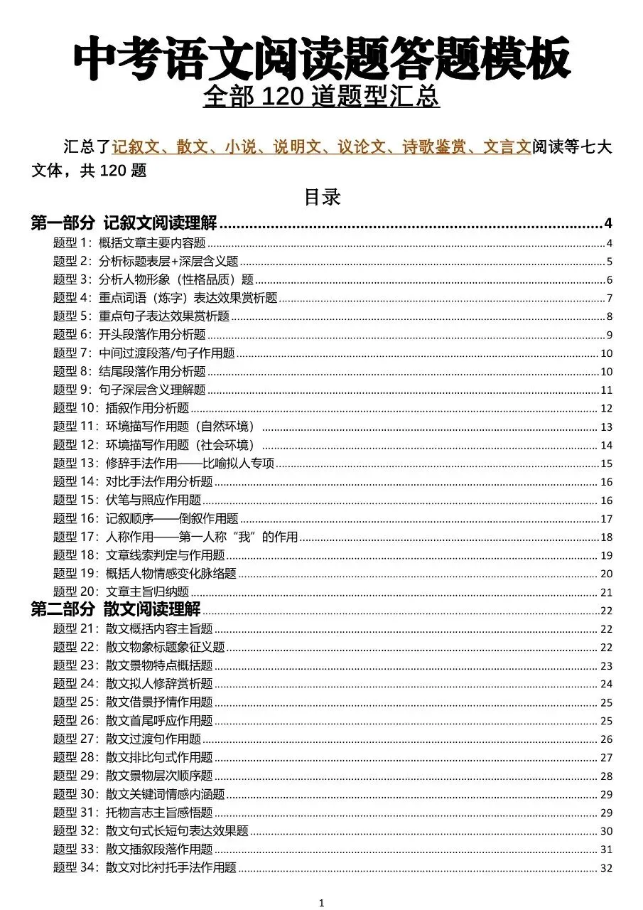 中考语文阅读理解答题模板,全部120道题型汇总,太全了!-第1张图片-四季读书网