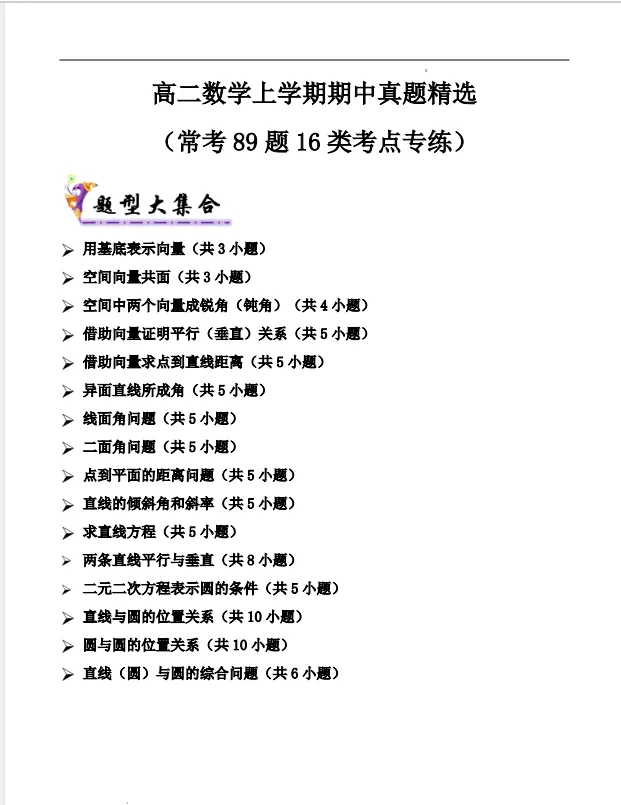 高二上期中真题精选(常考89题16 类考点专练)(原卷版).24页-第1张图片-四季读书网