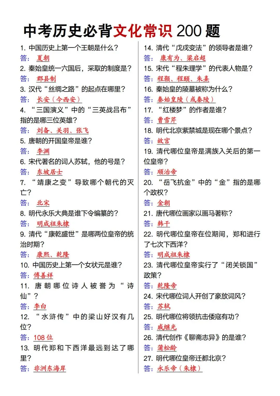 中考历史必背文化常识200题-第3张图片-四季读书网