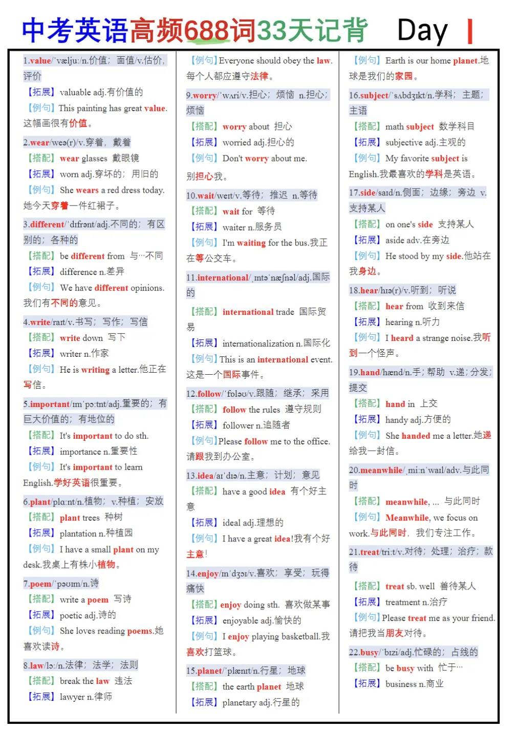 中考688高频词汇背默版-第2张图片-四季读书网