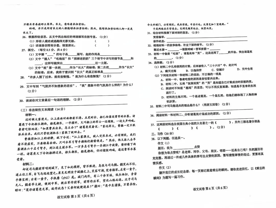 2024年小升初分班考试语文真题二-第5张图片-四季读书网