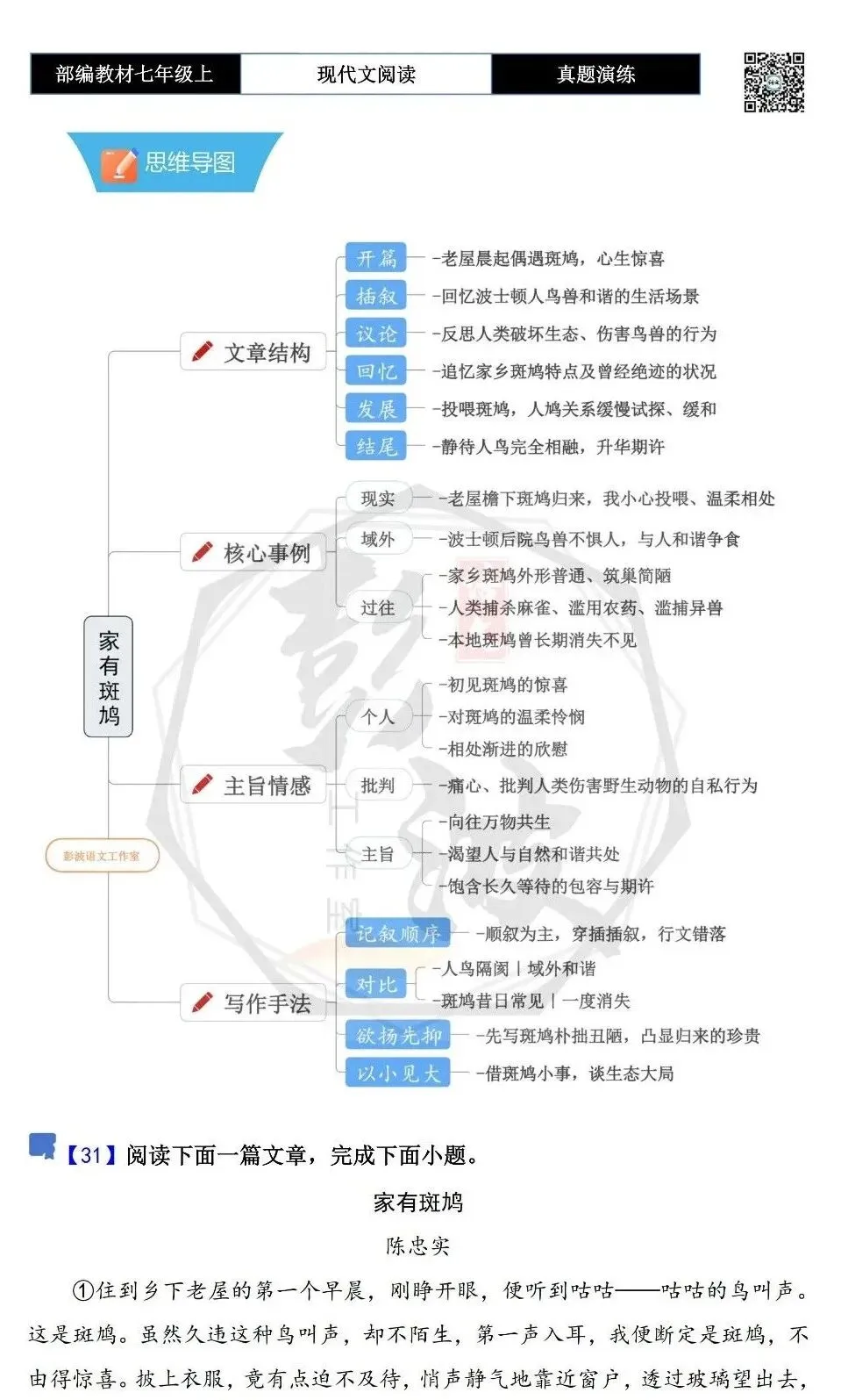 【现代文阅读-真题演练】七年级上-31-家有斑鸠-思维导图+试题精析-第5张图片-四季读书网