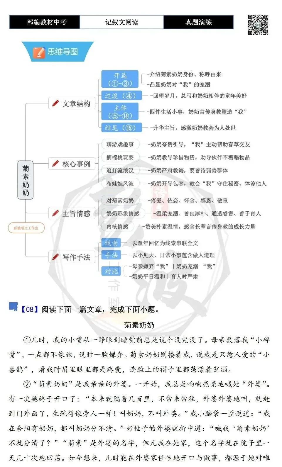 【中考现代文阅读-真题演练】08-菊素奶奶-思维导图+试题精析-第5张图片-四季读书网
