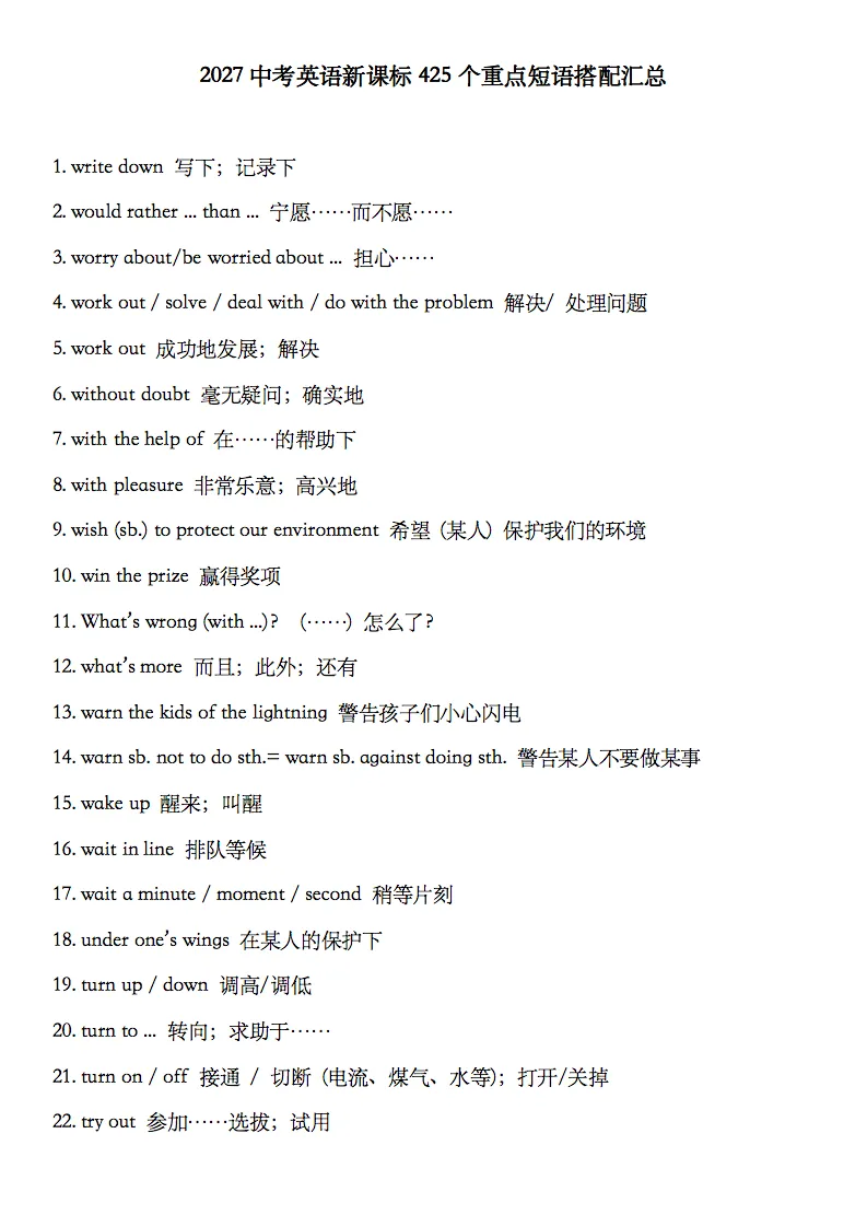 2027中考英语新课标425个重点短语搭配汇总,记得要看!-第1张图片-四季读书网