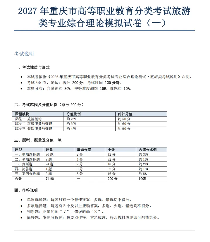 2027年重庆高职分类考试旅游类专业综合理论模拟试卷及答案-第2张图片-四季读书网