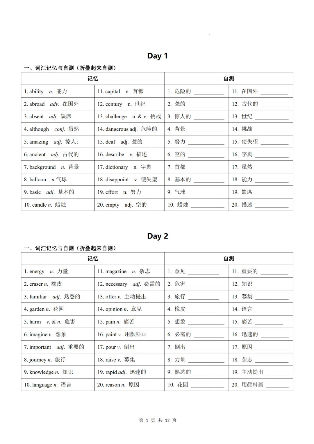 中考英语高频词汇24天背诵+默写表-第2张图片-四季读书网 中考英语高频词汇24天背诵+默写表-第2张图片-四季读书网